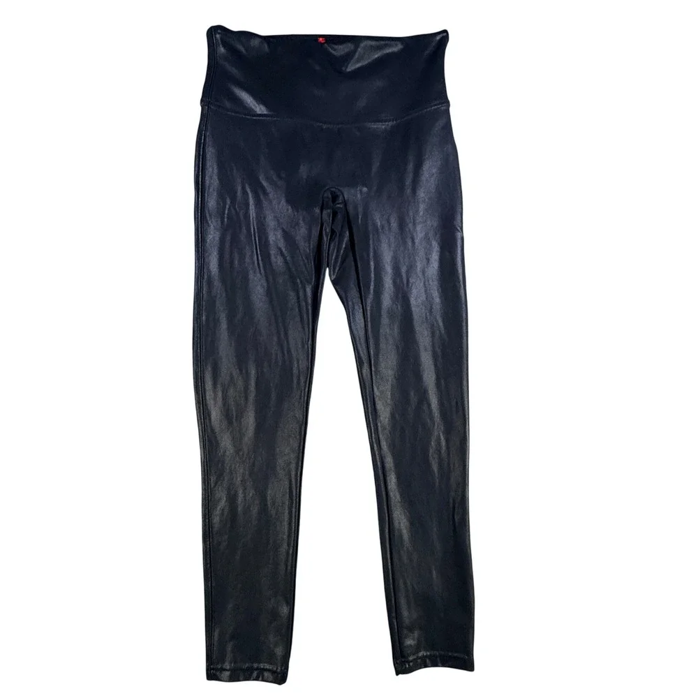 Spanx Leggings‎ Women L Petite Black Faux Leather High Waisted Shimmer Slimming